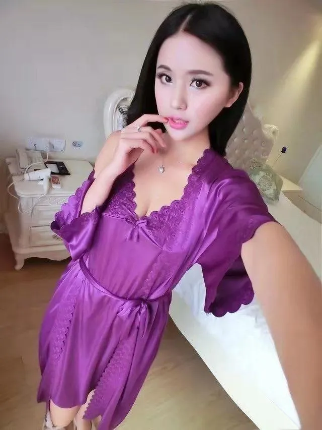 2 Pcs Satin Short Night Dress & Full Sleeves Robe - Pink