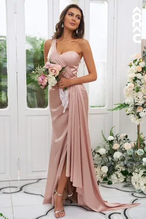 B4031 - One Shoulder Ruched Satin Sheath Long Bridesmaid Dress With Slit