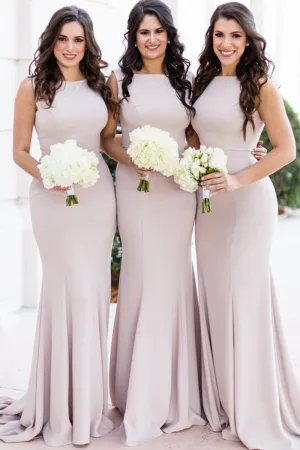 B4278 - Simple Scoop Sleeveless Satin Sheath Long Bridesmaid Dress