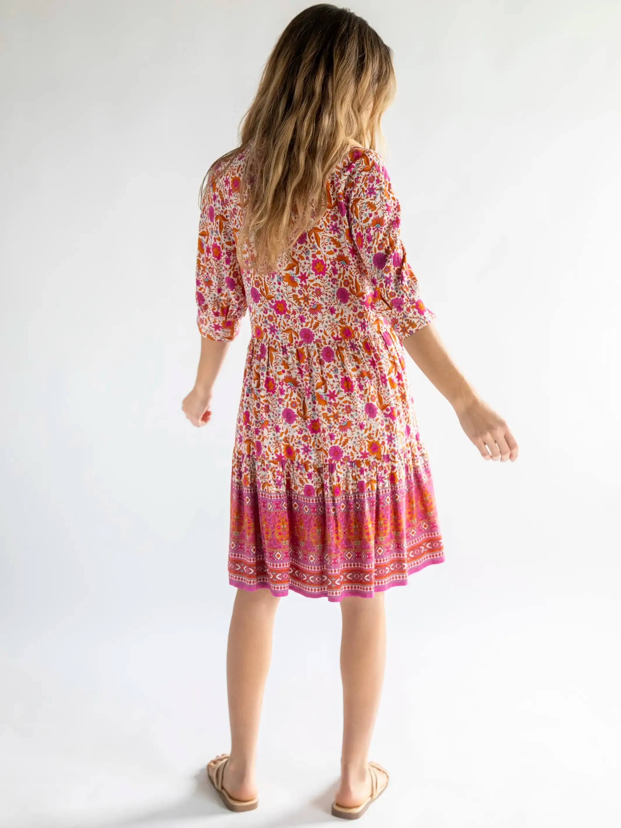 Becca Mini Dress - Cream Pink Floral Border