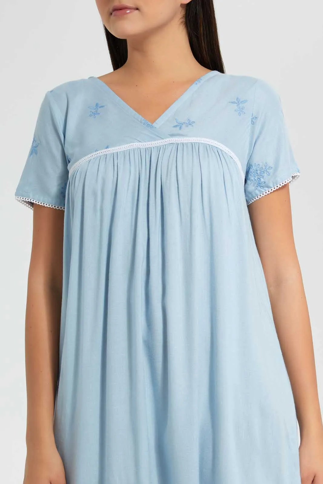 Blue Plain Nightgown With Embroidery