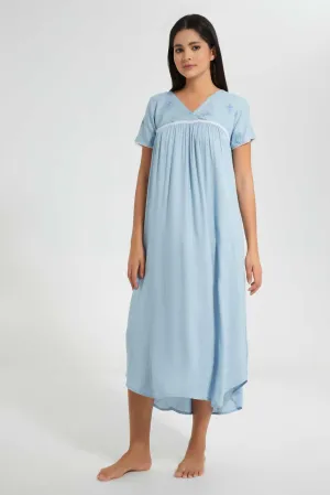 Blue Plain Nightgown With Embroidery