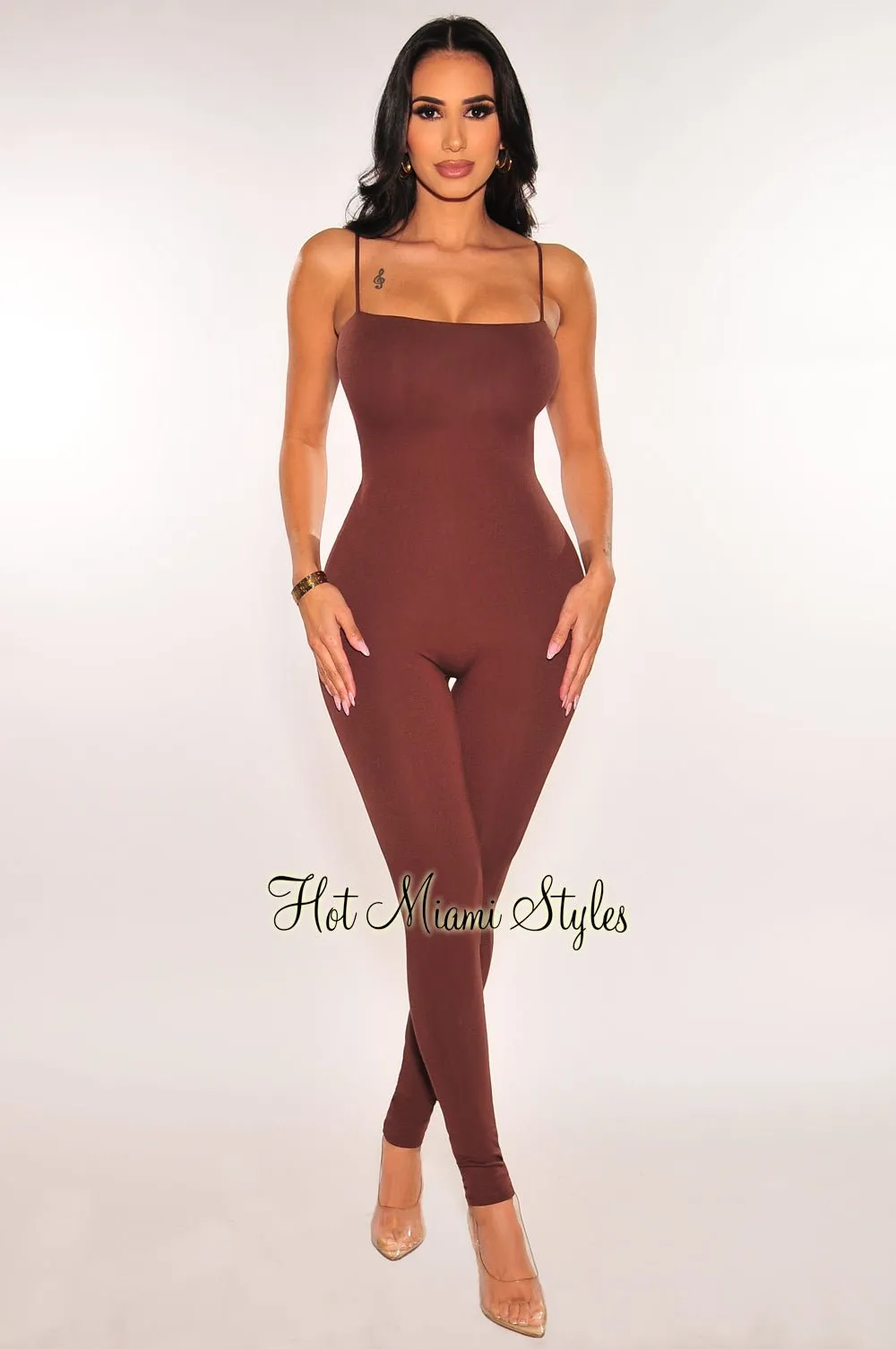 Chocolate Spaghetti Straps Cut Out Back Jumpsuit