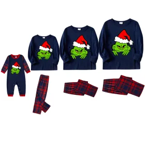 Christmas Cartoon Print Blue Long Sleeve Top with Red & Blue Plaid Christmas Family Matching Pajamas