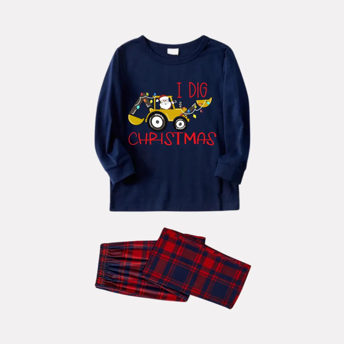 Christmas Excavator and Text Print Blue Long Sleeve Top with Red & Blue Plaid Christmas Family Matching Pajamas