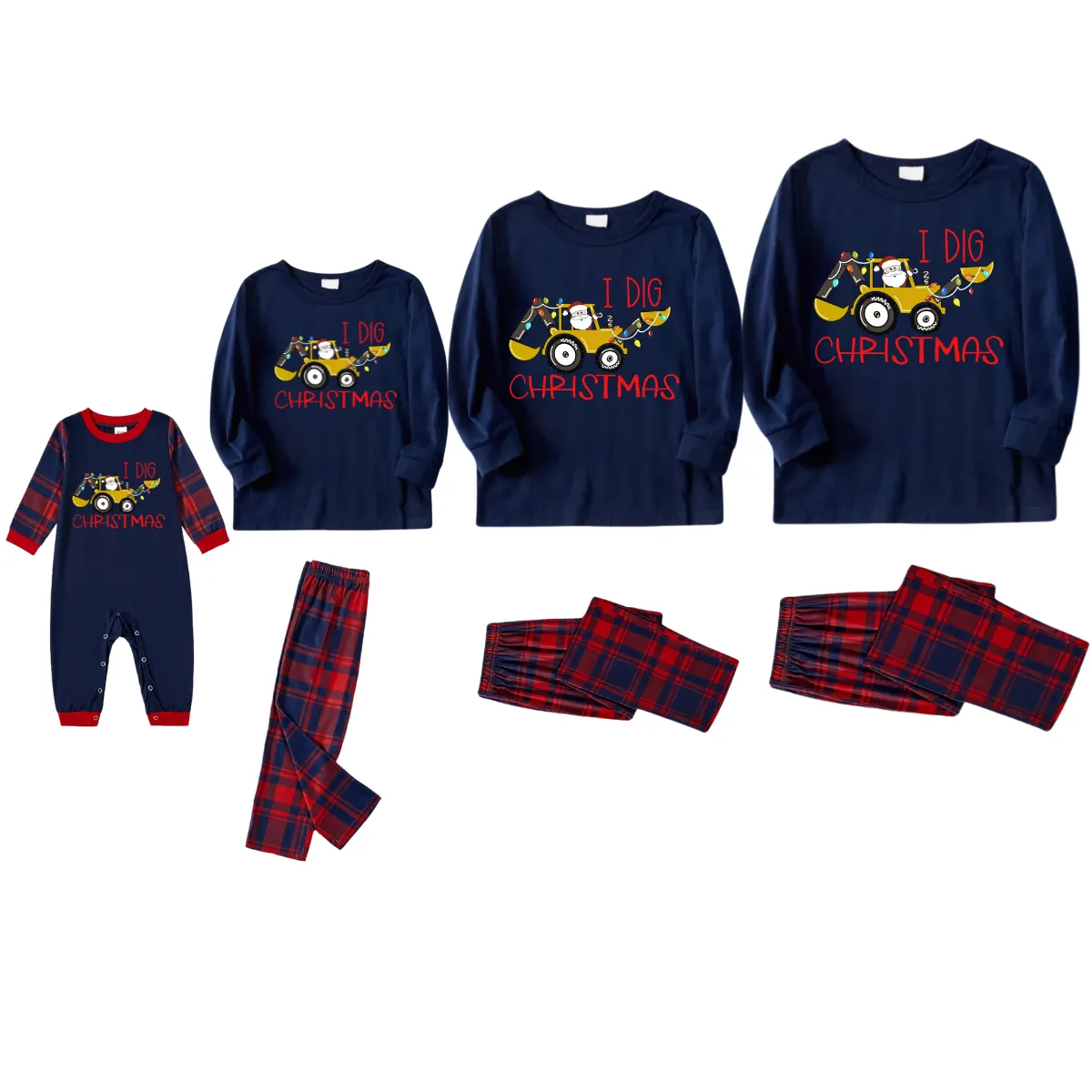 Christmas Excavator and Text Print Blue Long Sleeve Top with Red & Blue Plaid Christmas Family Matching Pajamas