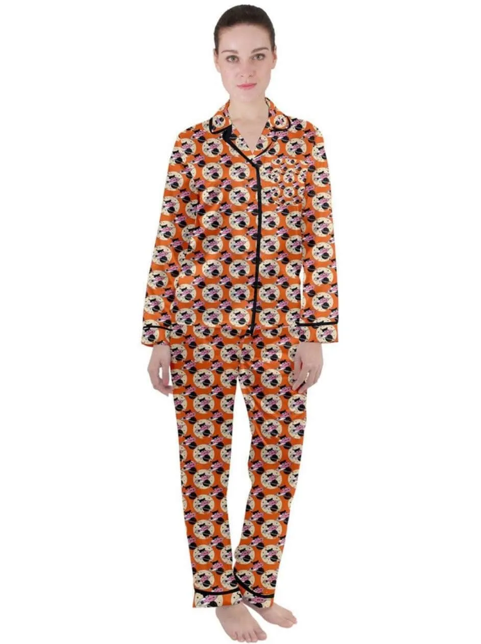 Cosmic Kitties Orange Women's Long Sleeve Satin Pyjamas Set