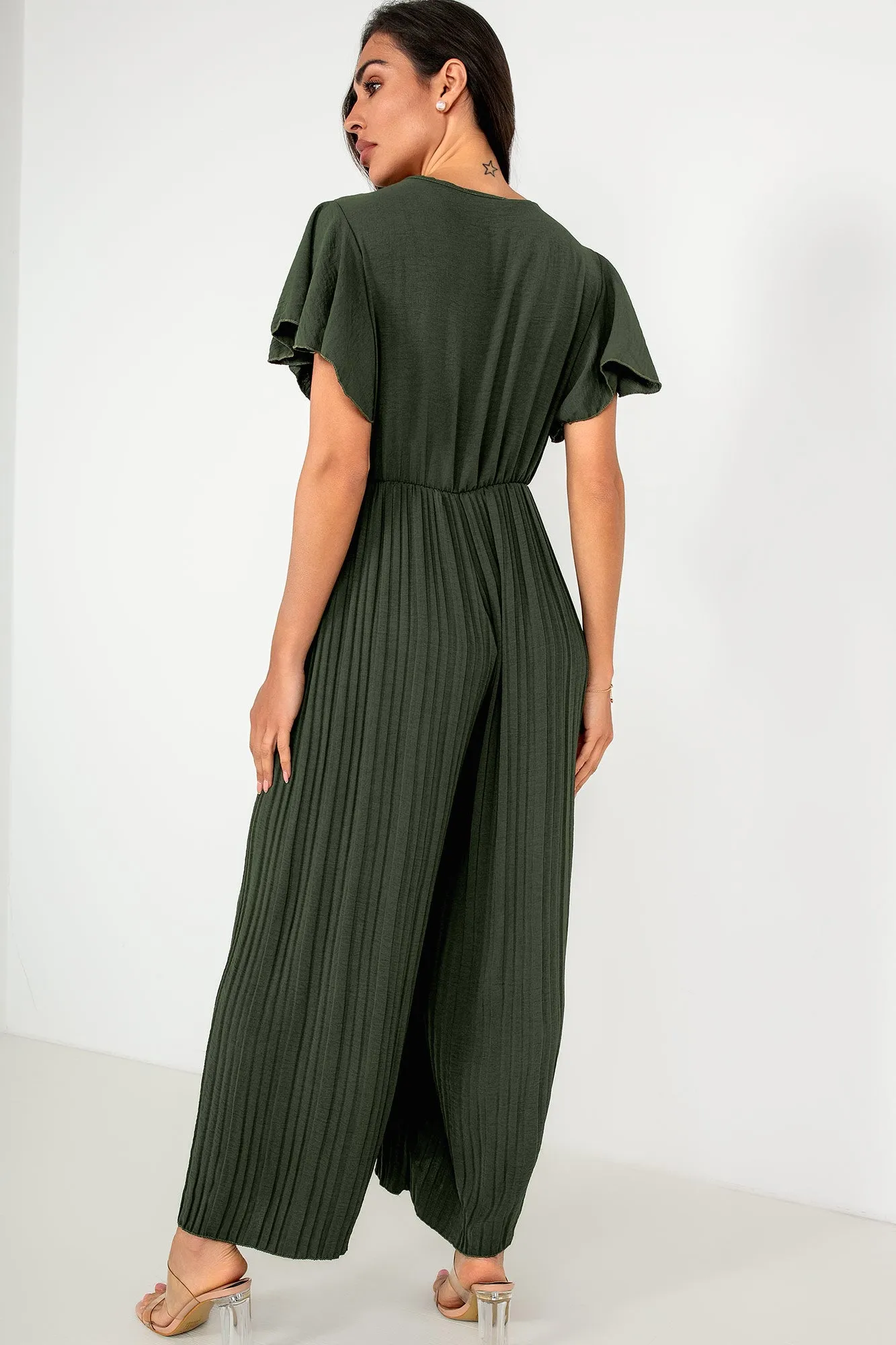 Dee Khaki Pleated Wide Leg Jumpsuit