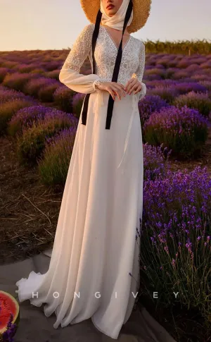 H1246 - Sexy Satin A-Line V-Neck Long Sleeve Empire Illusion Appliques With Train Boho Wedding Dress