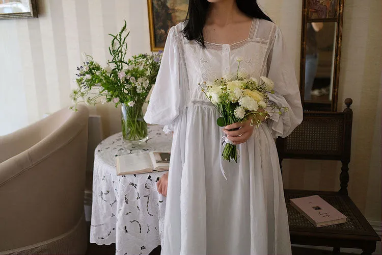 Hanxiuju Delicate Vintage Embroidery Cotton Women's Long Nightgowns Luxury Sleepwear Elegant Loose Nighty Spring Autumn Dress