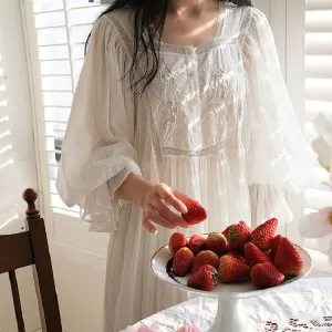 Hanxiuju Delicate Vintage Embroidery Cotton Women's Long Nightgowns Luxury Sleepwear Elegant Loose Nighty Spring Autumn Dress