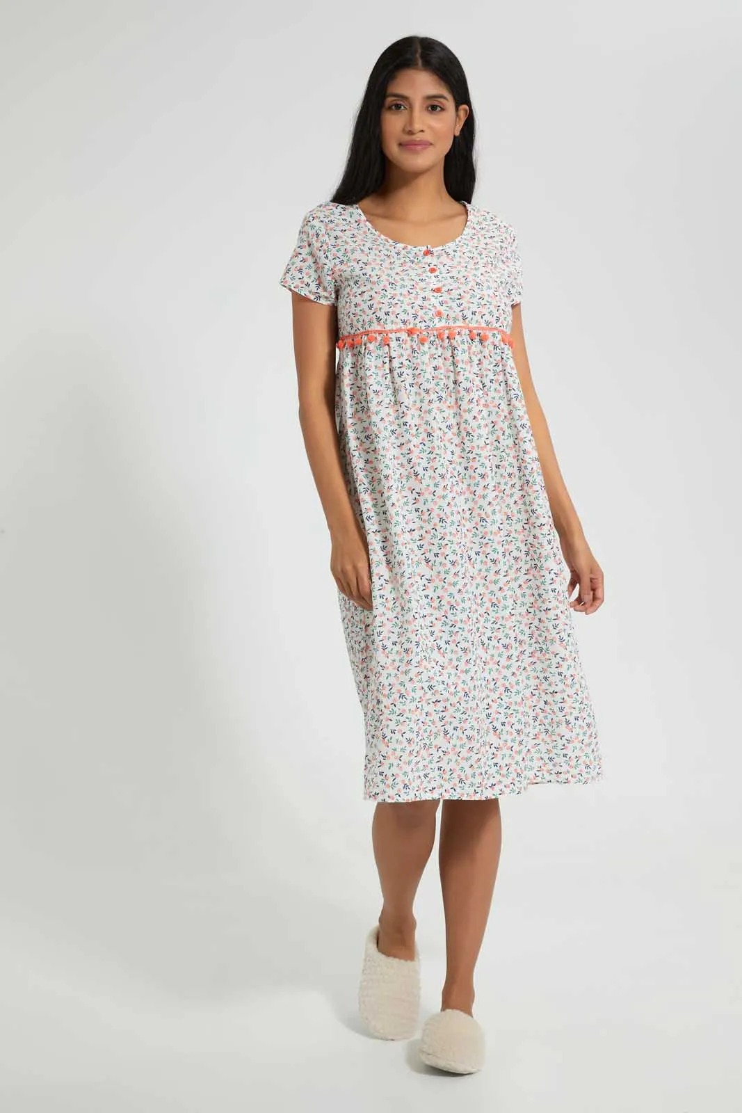 Ivory Floral Nightgown With Pom Pom