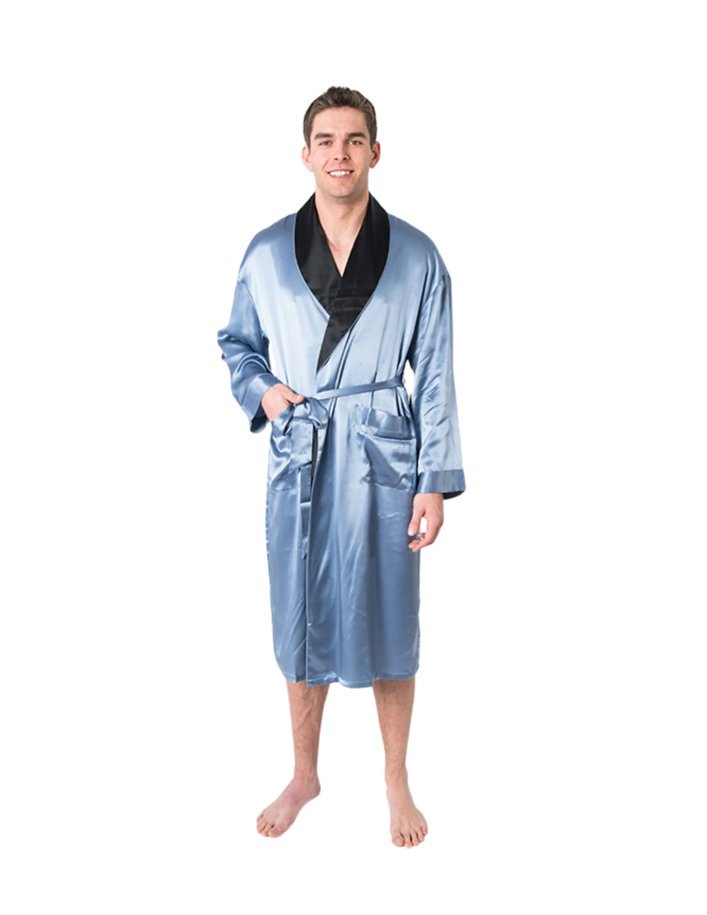 Men's Twilight Blue Mulberry Silk Robe with Black Collar