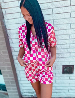 PINK CHECKERS SATIN PAJAMAS