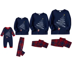 Santa Claus Print Blue Long Sleeve Top with Red & Blue Plaid Christmas Family Matching Pajamas