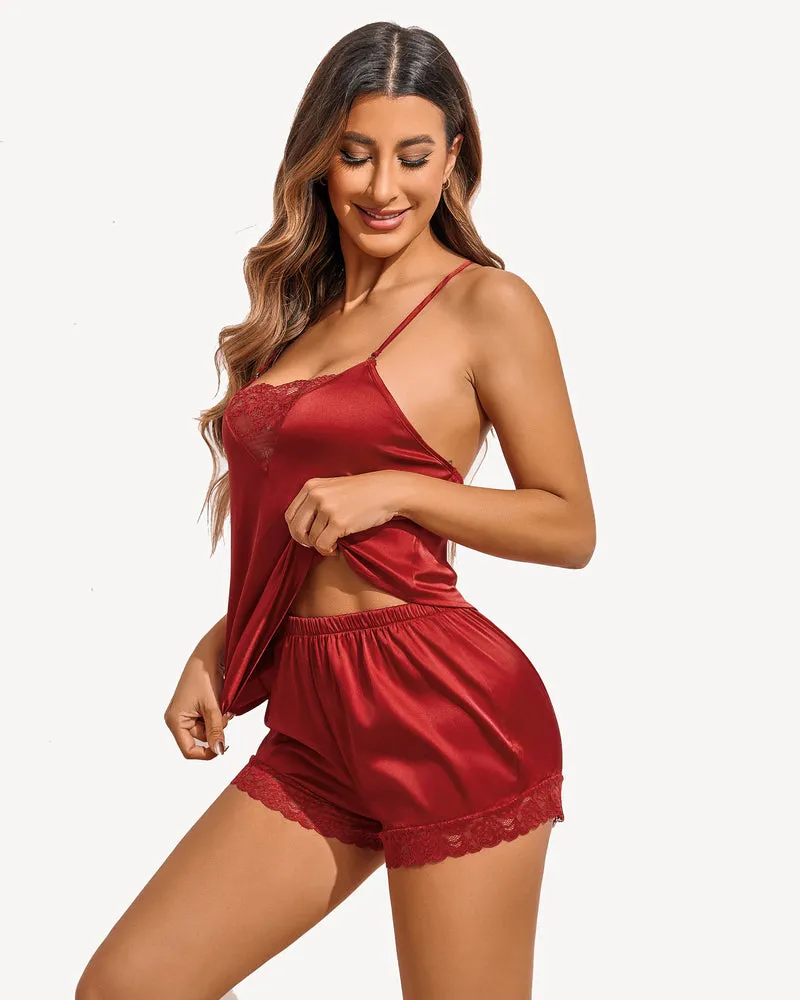 Satin Pajamas Set Backless Pjs Shorts Set