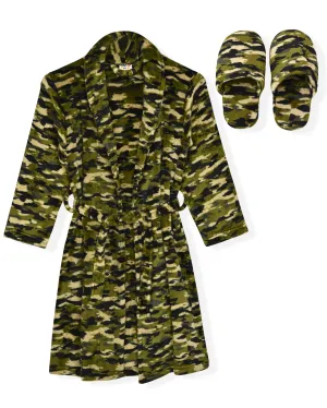 Sleep On It Boys Flannel Fleece Shawl Collar Robe with Matching Slippers - Green Camo