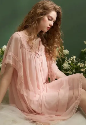 Vintage Gauze V- neck Short Sleeve Nightgown, Summer Lace Embroidery Loose Night Dress