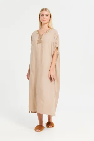 Women Beige Embellished Kaftan Nightgown