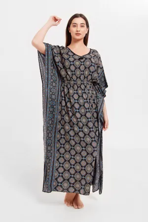 Women Black Printed Kaftan Nightgown