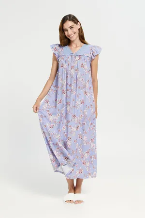 Women Blue Printed Front Lace Cap Sleeve Nightgown