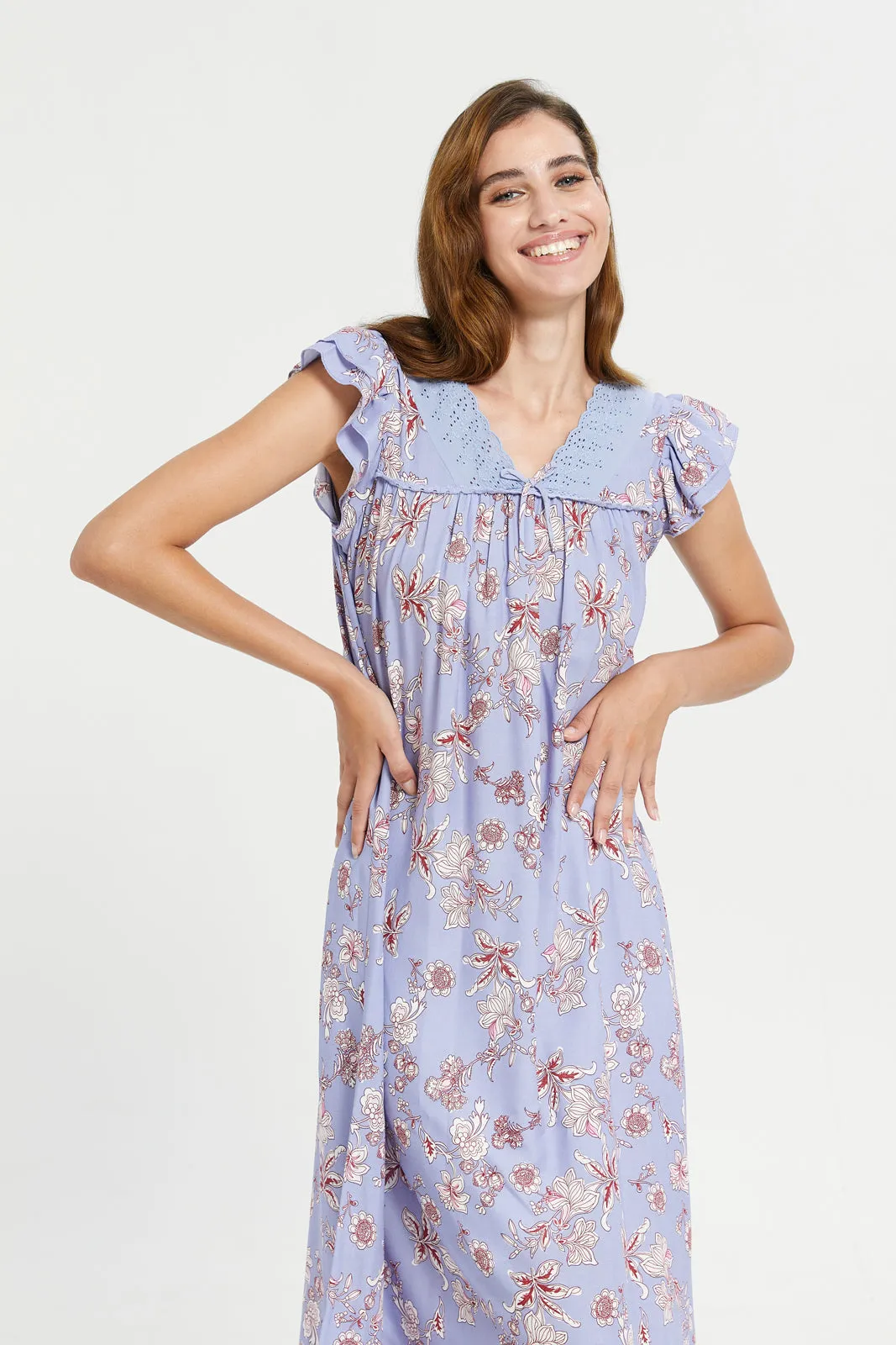 Women Blue Printed Front Lace Cap Sleeve Nightgown