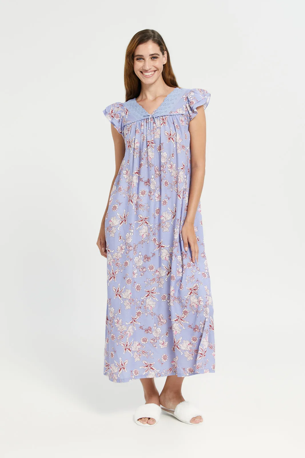 Women Blue Printed Front Lace Cap Sleeve Nightgown