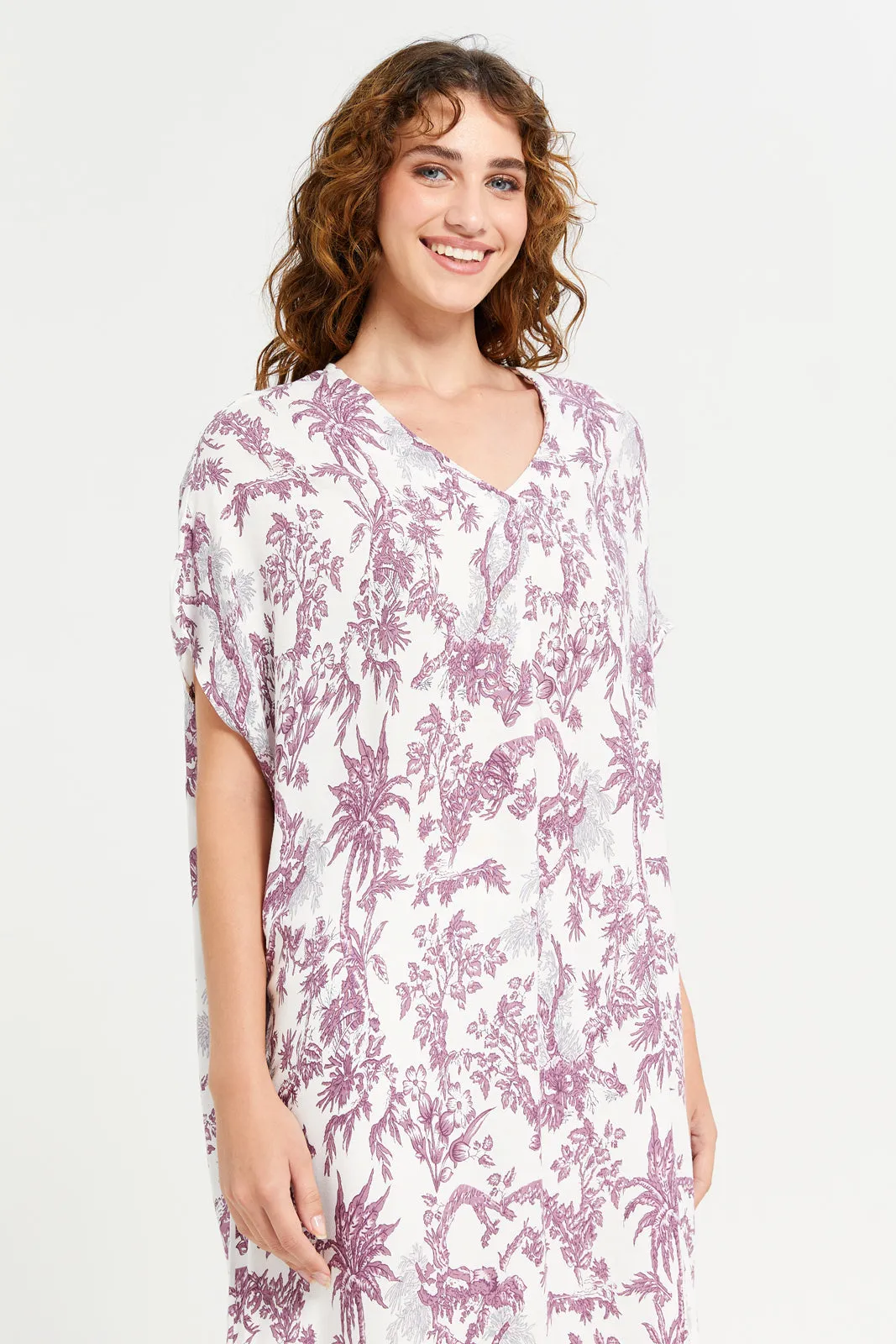 Women Burgundy Printed Kaftan Nightgown