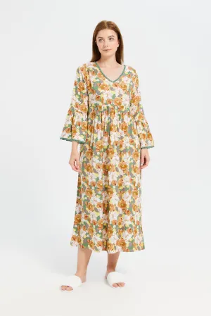 Women Green Floral Print V-Shape Nightgown