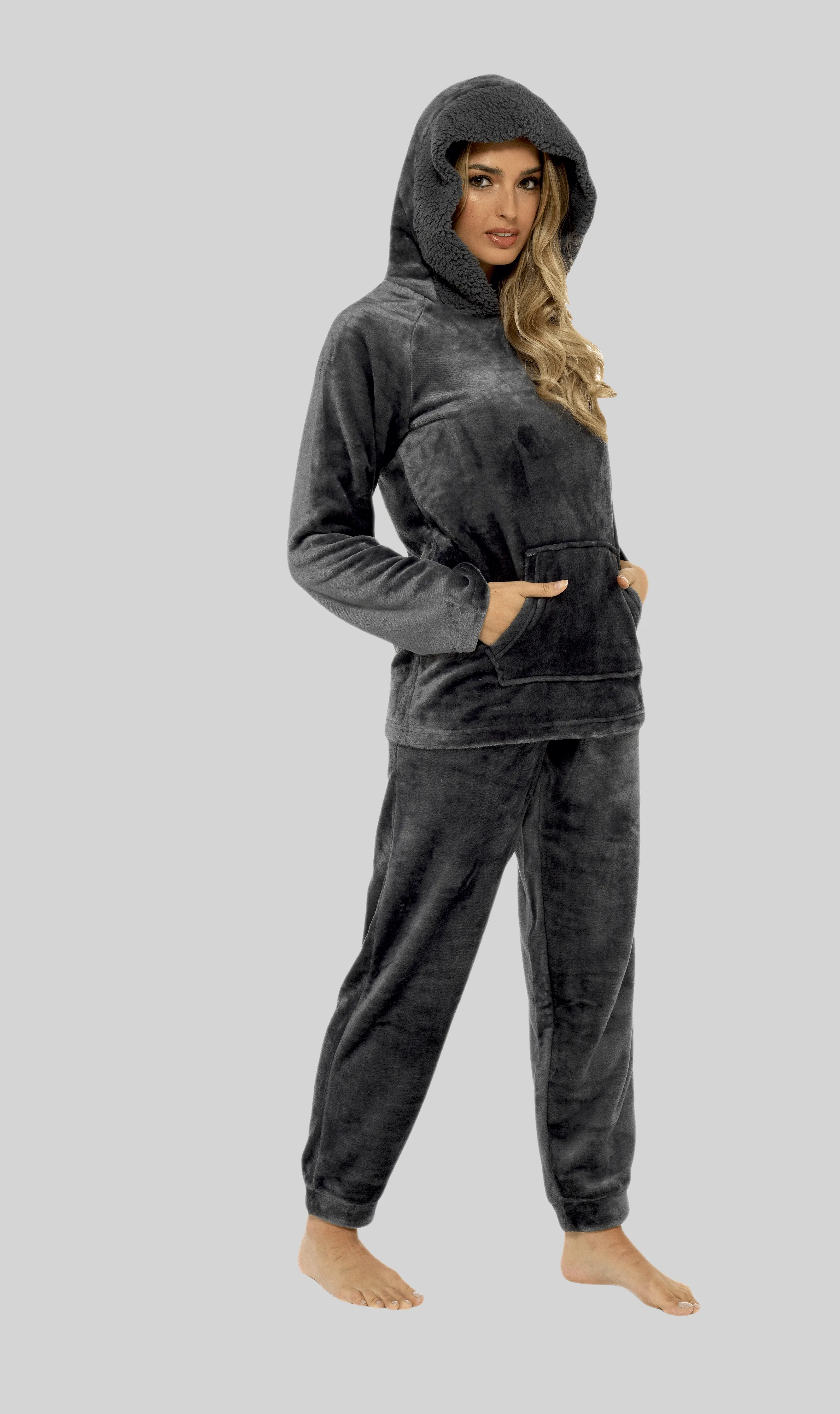 Women's Charcoal Plush Fleece Hooded Pyjama Set with Sherpa Lining Soft Flannel Loungewear Warm Cosy Nightwear Sizes S to XL by Daisy Dreamer