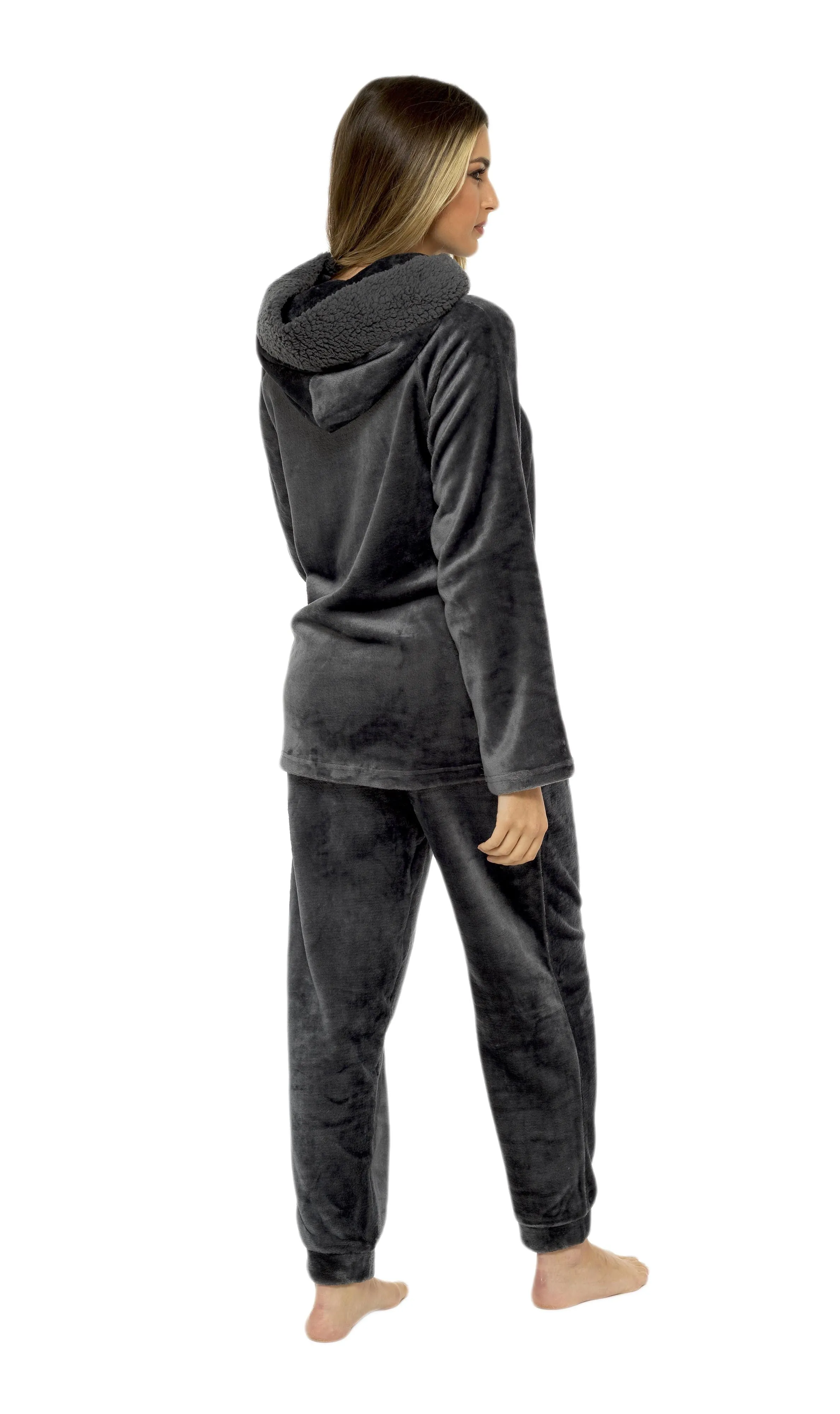 Women's Charcoal Plush Fleece Hooded Pyjama Set with Sherpa Lining Soft Flannel Loungewear Warm Cosy Nightwear Sizes S to XL by Daisy Dreamer