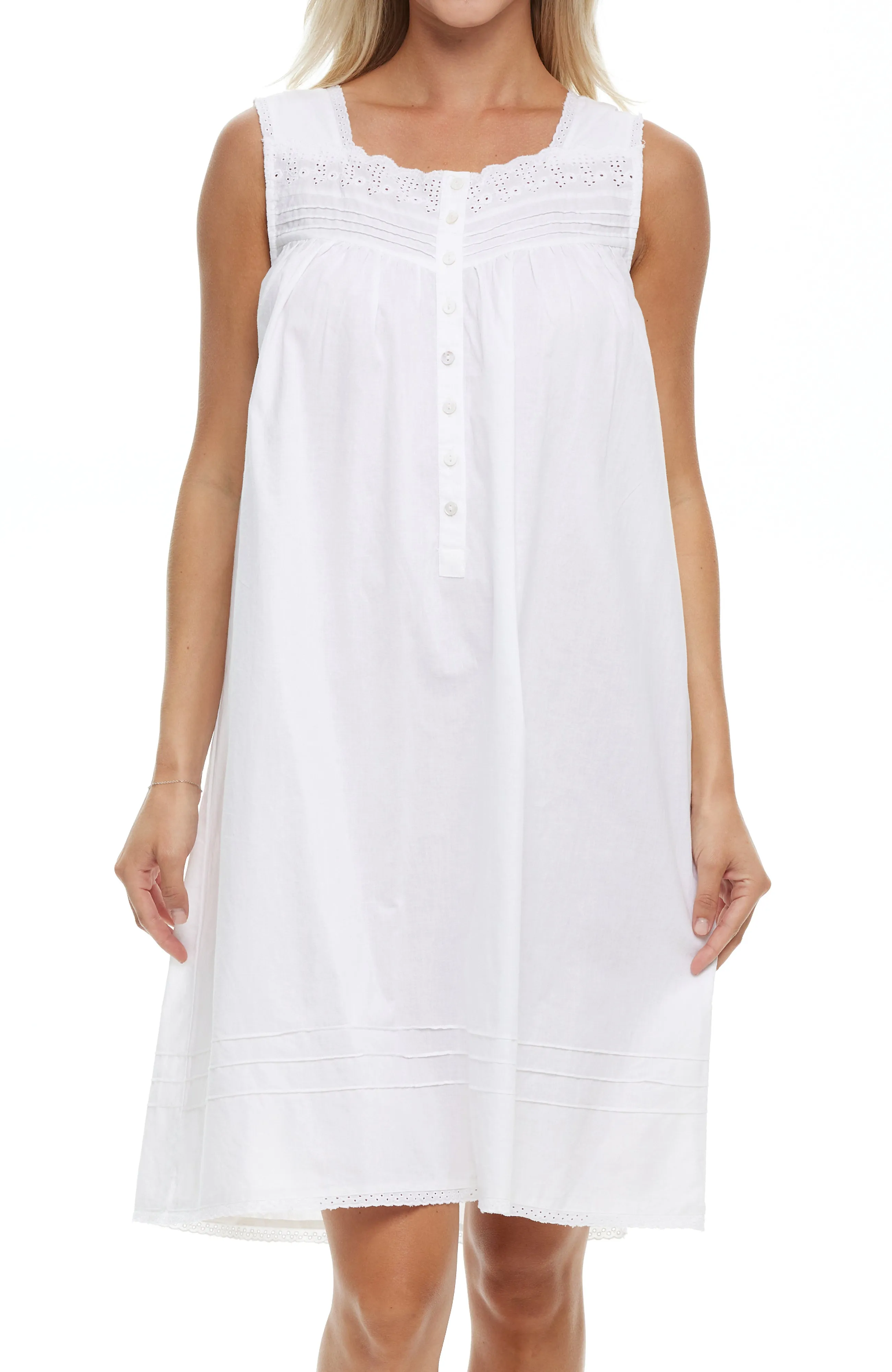 Women's Cotton Victorian Nightgown, Hannah Sleeveless Lace Trimmed Button Up Short Night Dress