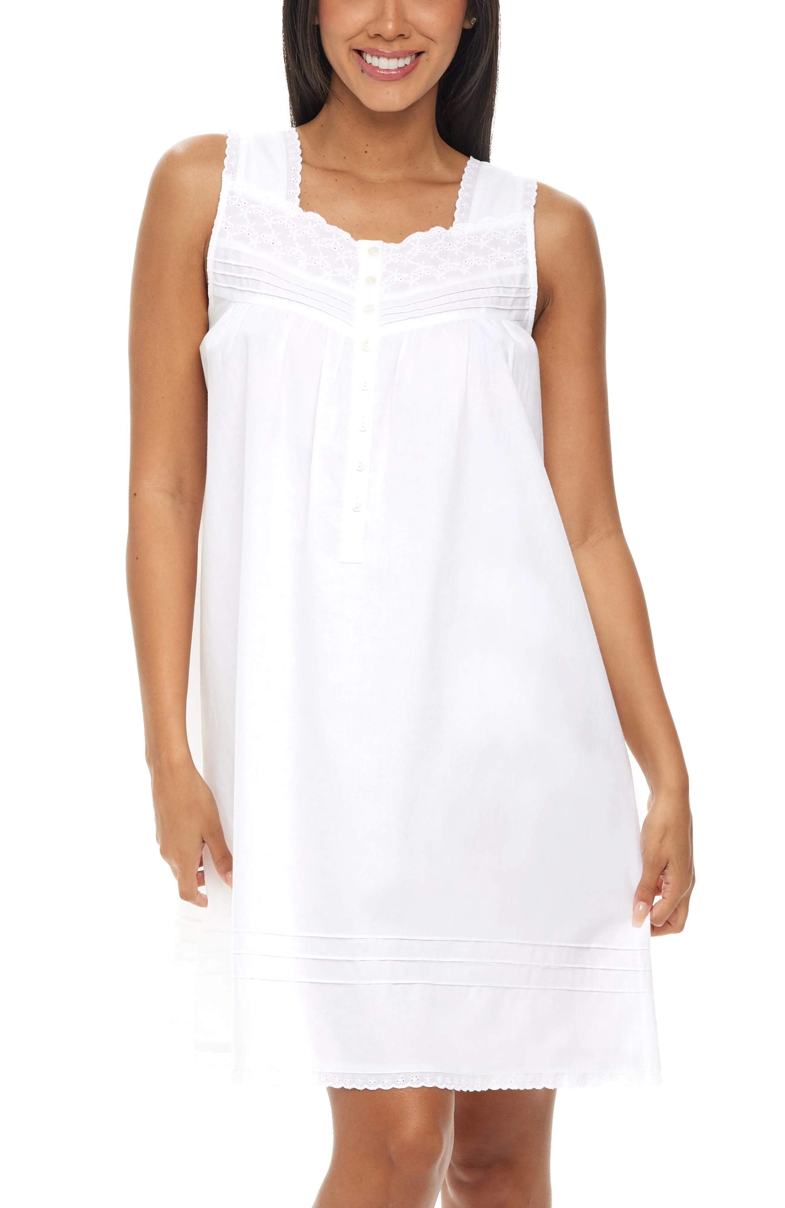 Women's Cotton Victorian Nightgown, Hannah Sleeveless Lace Trimmed Button Up Short Night Dress