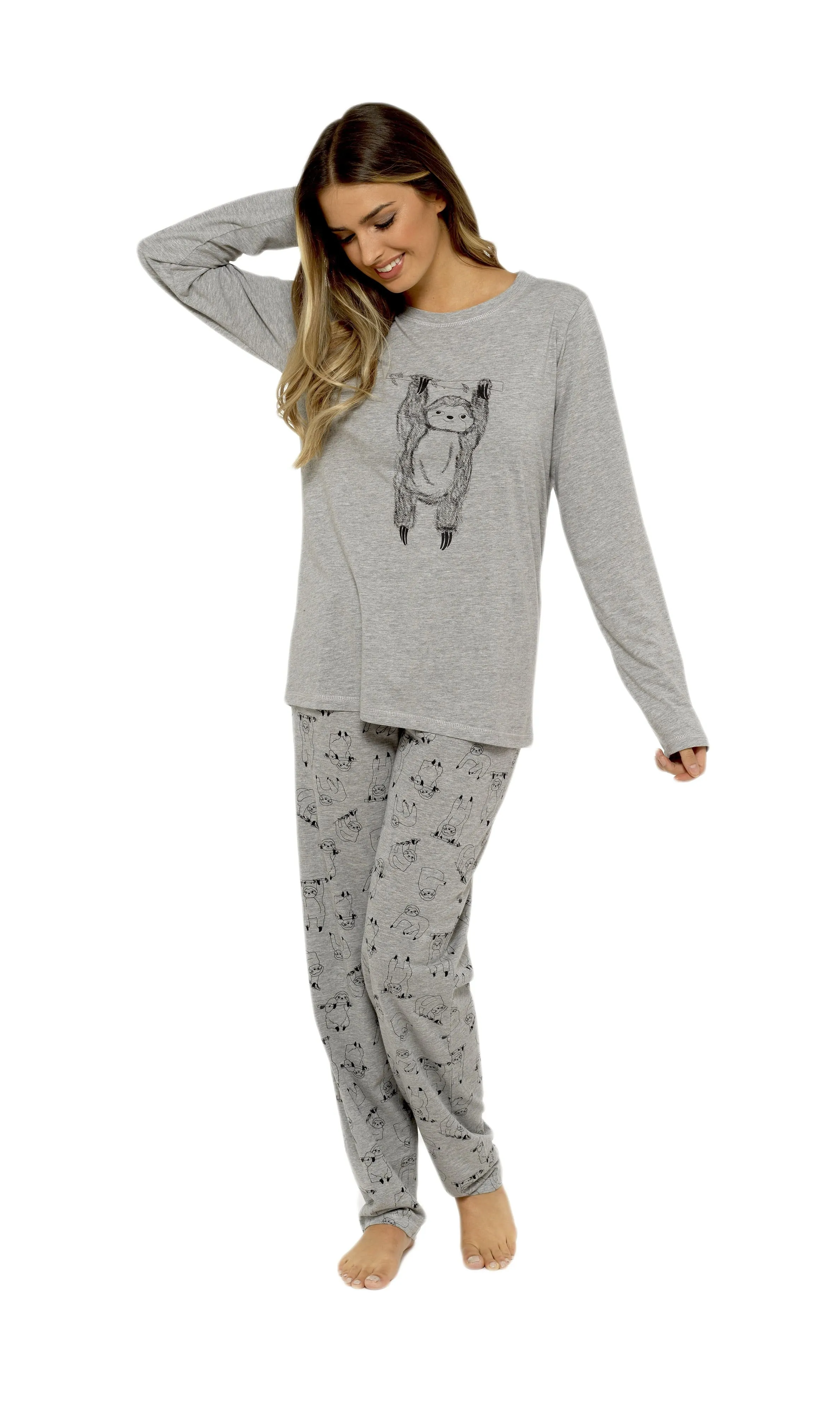 Women's Grey Cotton Pyjama Set with Lazy Sloth Design Long Sleeve Comfortable Sleepwear Cute Nightwear Ideal Gift for Her by Daisy Dreamer