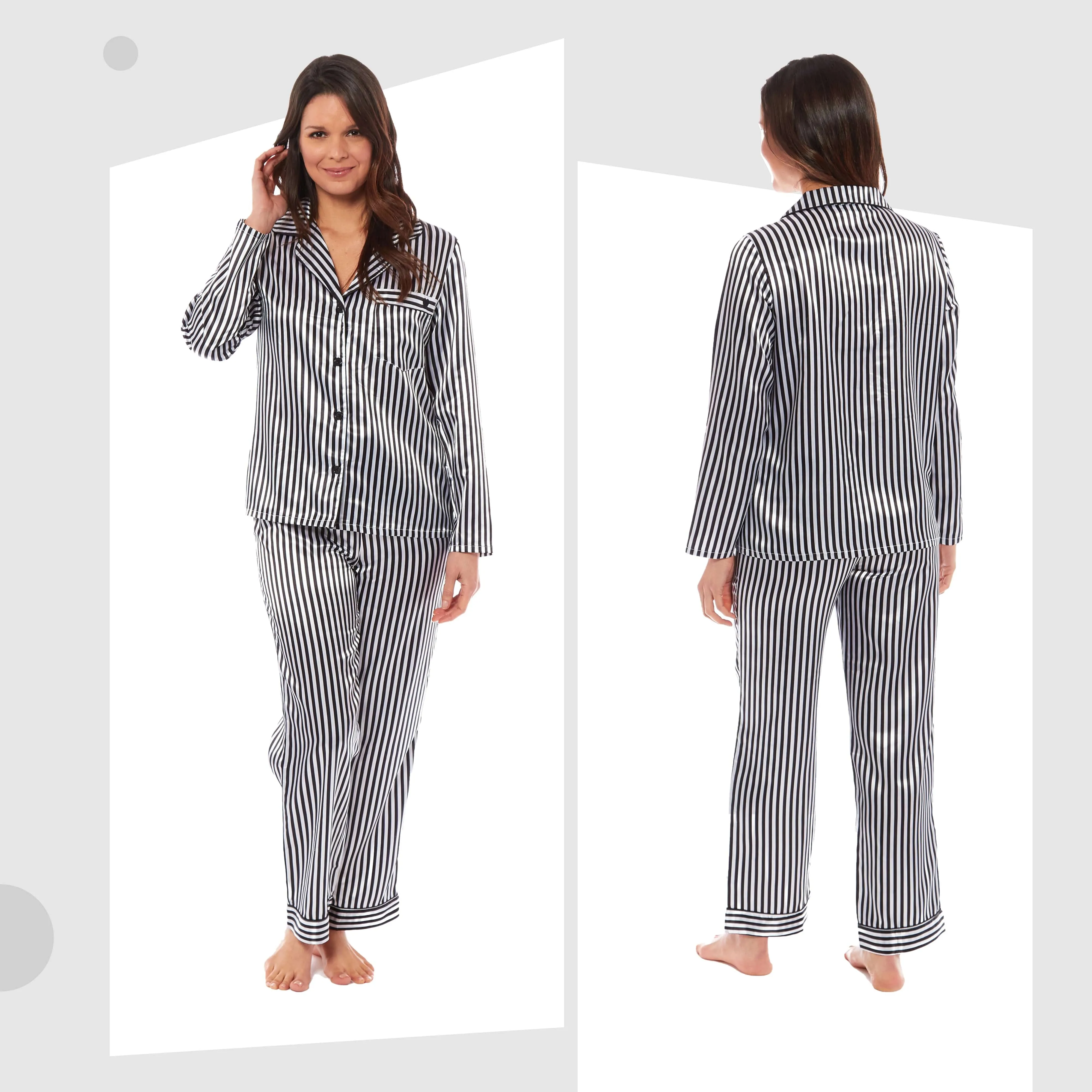 Women's Satin Silk Luxurious Pyjama Set with Dress Shirt Collar and Loose-Fitting Pants in Black Pink Grey by Daisy Dreamer