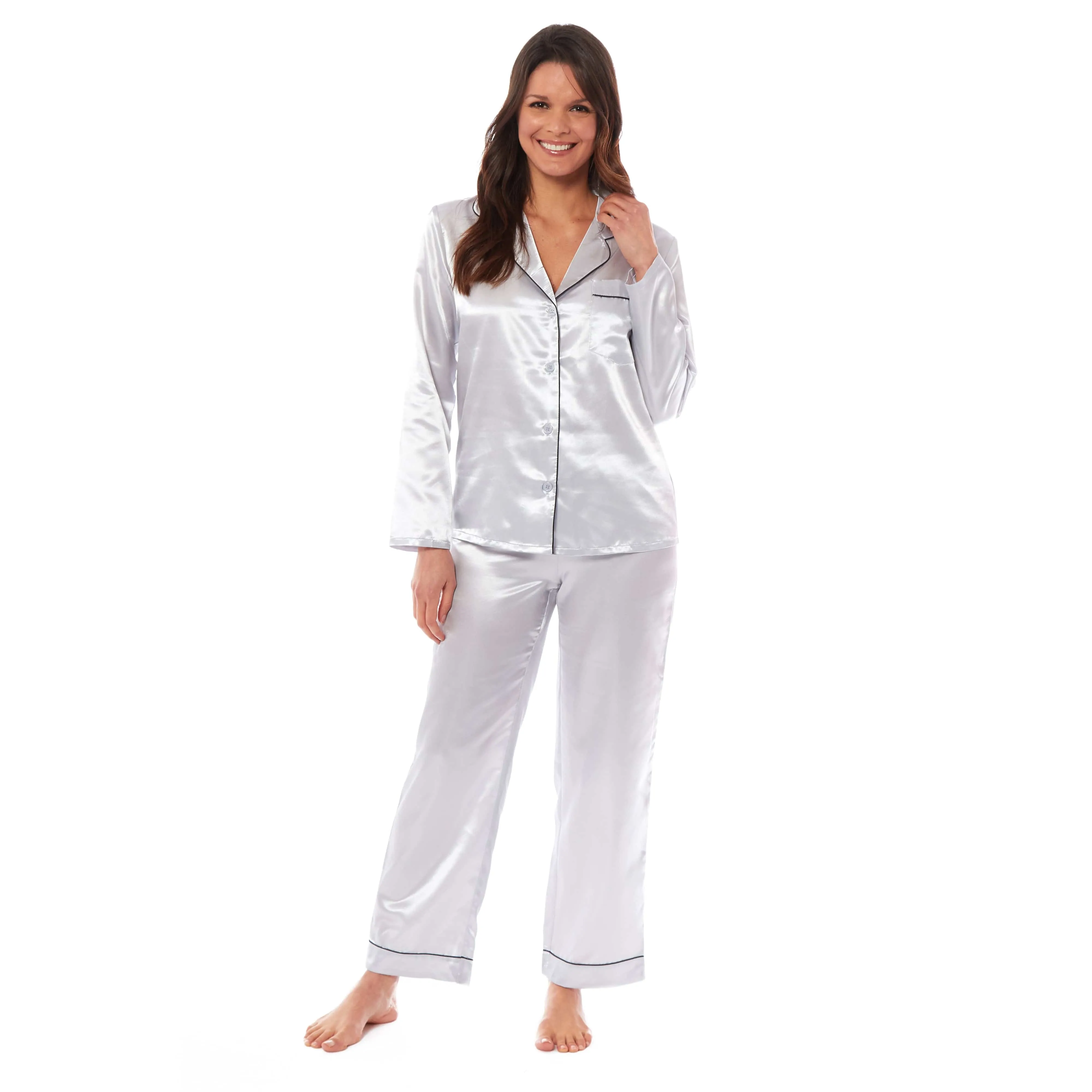 Women's Satin Silk Luxurious Pyjama Set with Dress Shirt Collar and Loose-Fitting Pants in Black Pink Grey by Daisy Dreamer