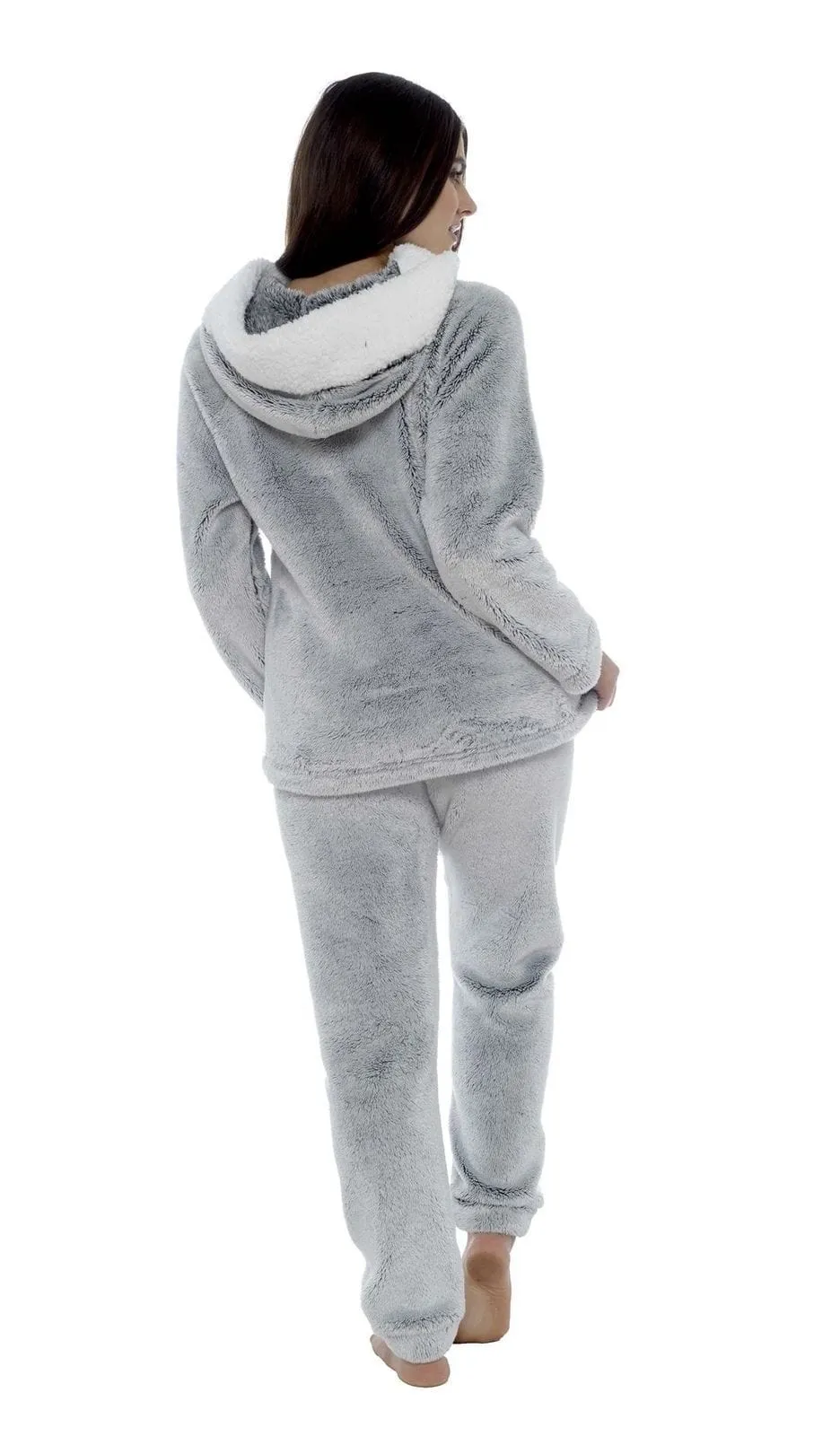 Women's Shimmer Grey Plush Fleece Hooded Pyjama Set with Sherpa Trim Cosy Stylish Nightwear Loungewear Gift for Women by Daisy Dreamer