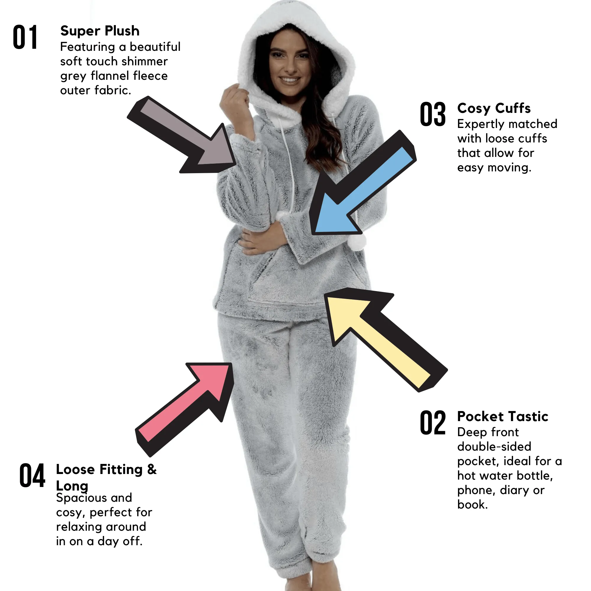 Women's Shimmer Grey Plush Fleece Hooded Pyjama Set with Sherpa Trim Cosy Stylish Nightwear Loungewear Gift for Women by Daisy Dreamer